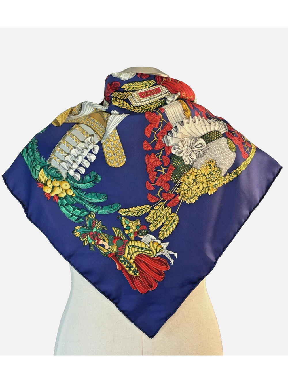 Vtg 90's Hermes "Chapeau!" Silk Scarf by Annie Faivre Blue Red 90cm 35" Sq EUC